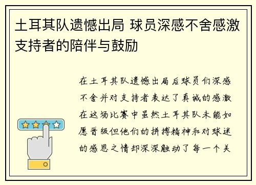 土耳其队遗憾出局 球员深感不舍感激支持者的陪伴与鼓励
